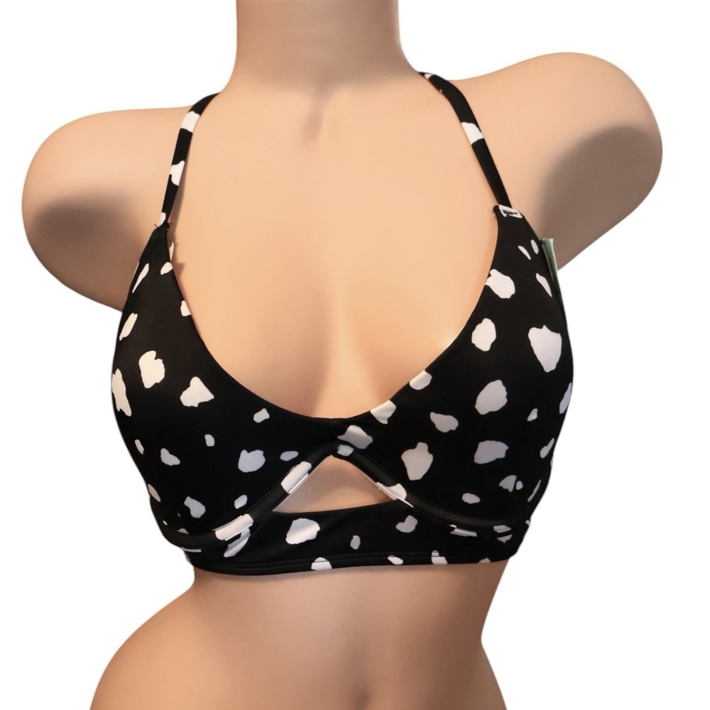 Sundazed Jenna Bikini Top 32DD Black Cow Print Strappy Lace-Up Back NWT